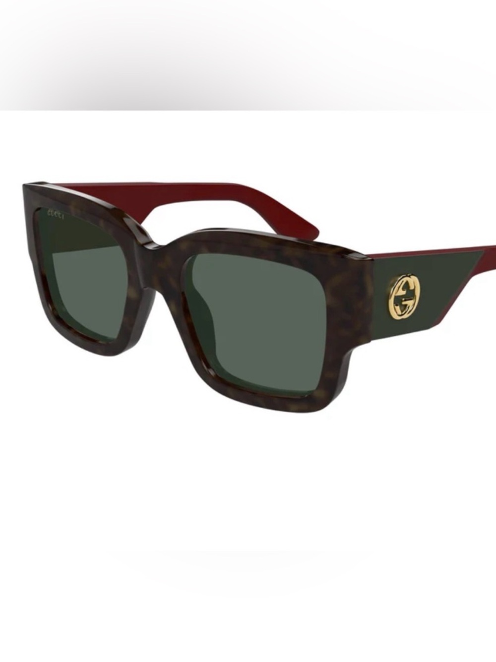 Gucci Tortoiseshell Frame Sunglasses with Green Lenses and Red Temples
